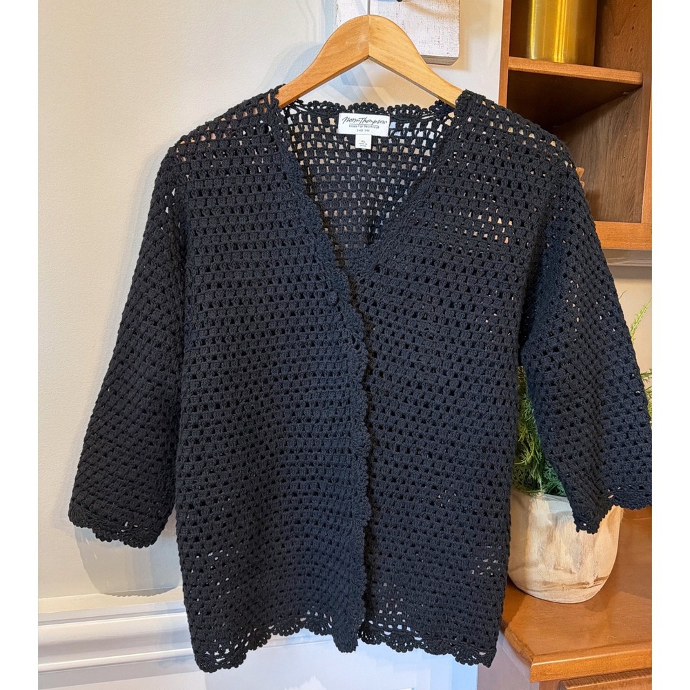 Norm Thompson Cardigan Sweater Womens XL Black Crochet Linen V Neck Half Sleeves